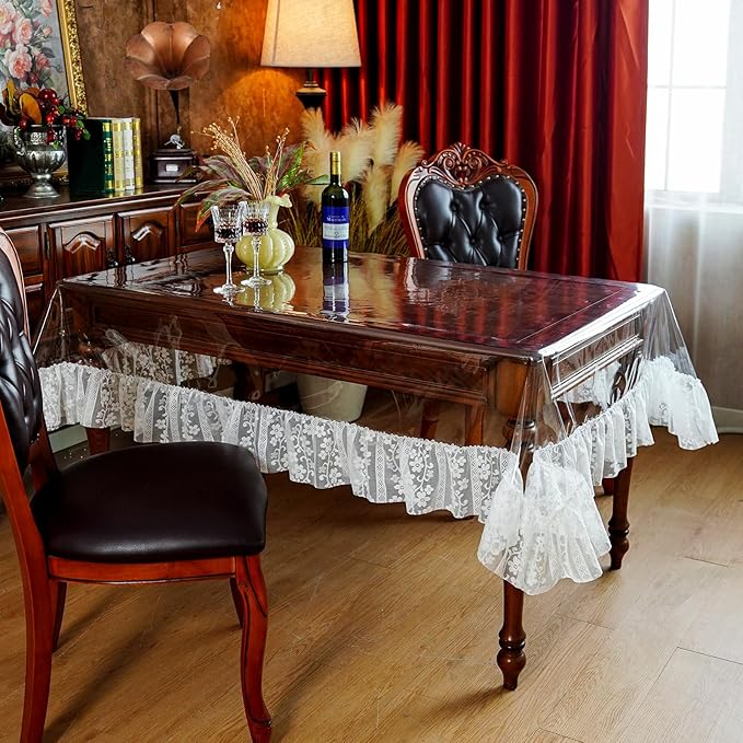SUTAVIA Clear PVC Tablecloth White Lace Ruffle Edge Transparent Vinyl Table Protector Waterproof Rectangular Table Cover for Dining Table Home Outdoor Picnic (White Ruffle, Oblong, 60"x104")