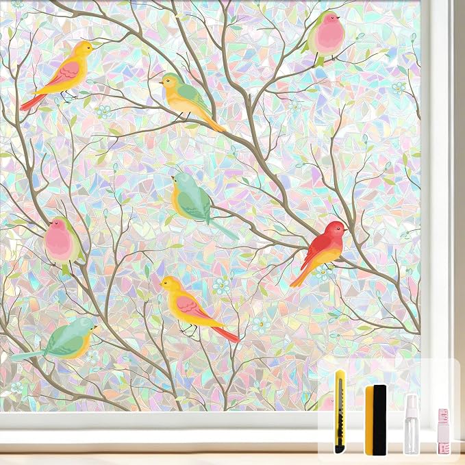 Kromapolis Window Privacy Film, Stained Glass Sticker Window Clings, Decorative Static Clings UV Blocking Colorful Decals, Removable Vinyl Covering Rainbow Bird, 29.5'' x 157.4''