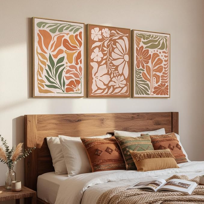 3 Piece Framed Boho Floral Wall Art for Living Room, Large Abstract Botanical Flower Canvas Prints Paintings, Mid Century Modern Wildflower Pictures Artworks Decor for Bedroom Office 16x24 Inch