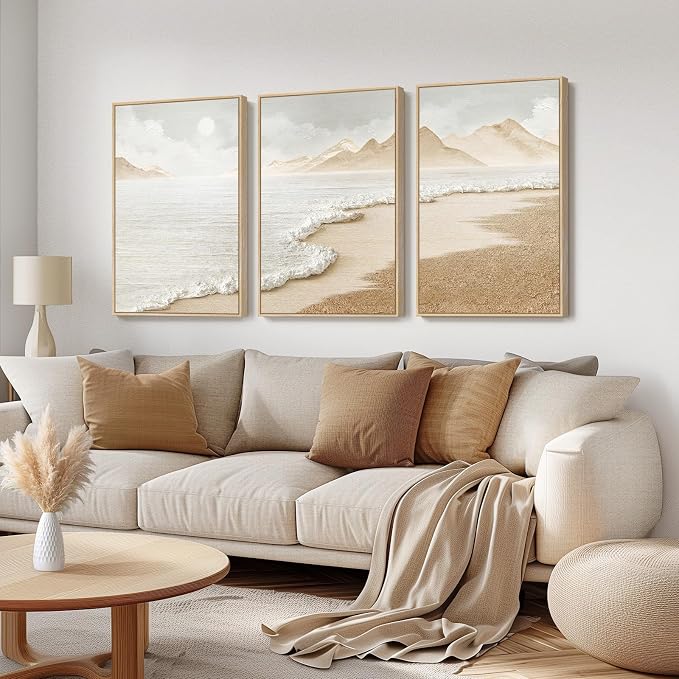 Framed Boho Coastal Beach Wall Art for Living Room, Large Neutral Abstract Coastal Canvas Artwork for Walls, 3 Piece Minimalist Ocean Picture Print for Bedroom Kitchen Wall Decor, Total Size 30x60 In