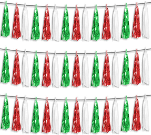3P Red Green White Foil Fringe Metallic Tassel Streamers Banner Tassel Garland for Parade Floats, Graduation, Wedding, Birthday, Halloween, Christmas, Mexican Italian Birthday Party Decorations