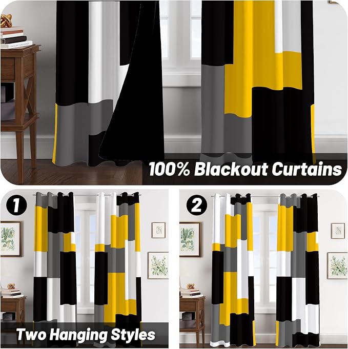 Tyrot Yellow 100% Blackout Curtains for Bedroom 63 inch Length 2 Panels Set Mustard Yellow Grey Modern Abstract Geometric Black Out Curtains Room Darkening Window Drapes for Living Room, 52Wx63L