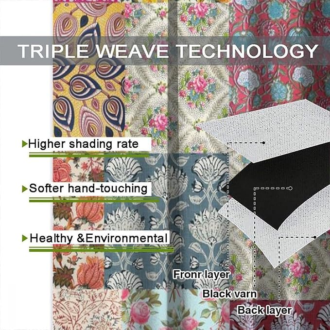 Boho Patchwork Blackout Curtains Farmhouse Patchwork Quilted Country Check Plaid Print Window Drapes for Bedroom Living Room Kitchen Cafe （W21xL54 Inch） x2 Panels