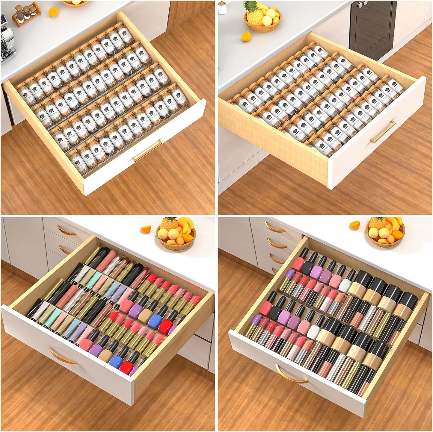 4-Tier Non-Slip Spice Drawer Organizer, 4-Pack Checkered Frosted Clear Acrylic, Expandable (11''-22'') Spice Rack for Kitchen Drawer Storage – Holds Seasonings, Herbs, and Spices (Jars Not Included)