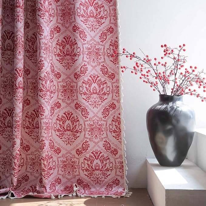ENJOYBRIDAL Red Damask Curtains 84 Inches Living Room Bedroom Drapes 2 Panel Sets Vintage Semi Sheer Floor Length Window Curtains Dining Room Rod Pocket Jacquard Medallion Patterned Window Treatments