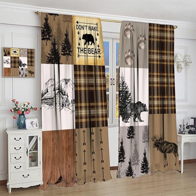 Vintage Animal Blackout Curtains for Kitchen Country Farmhouse Brown Patchwork Plaid Forest Cabin Hunting Deer Bear Animals Windows Treatments for Bedroom Living Room 72x63in