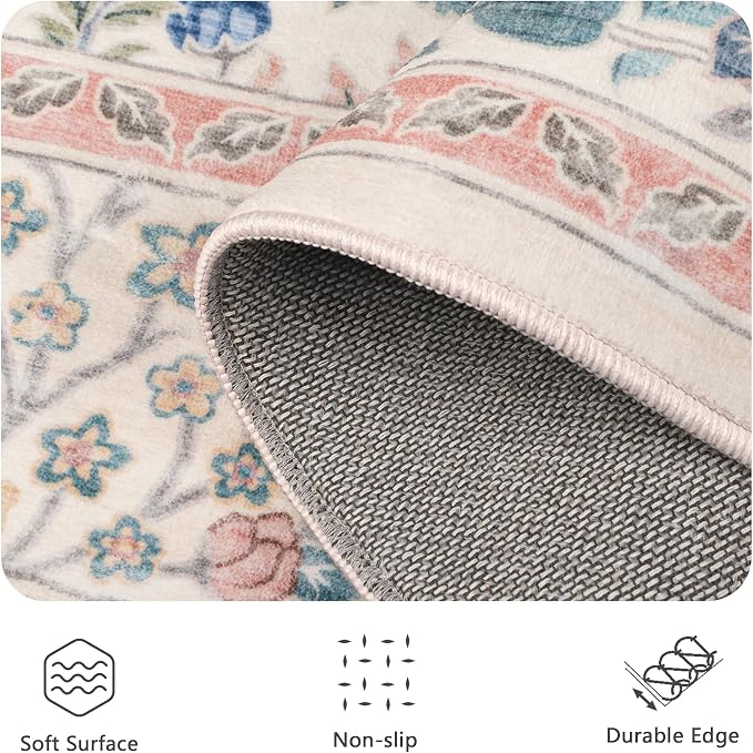 5x7 Area Rugs, Vintage Washable Rug for Bedroom, Indoor Non-Slip Rugs for Living Room, Dining Room, Low Pile Home Decor Floral Rug(Pink Floral)