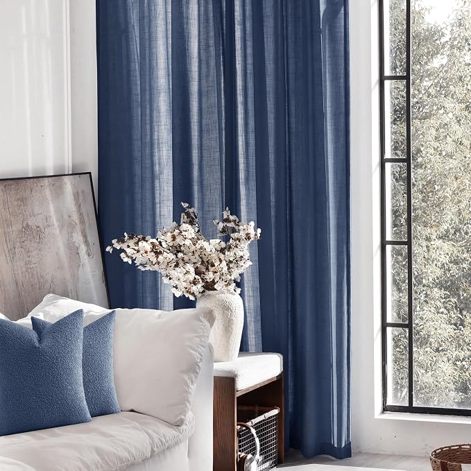 Navy Blue Curtains 98 inch Length for Bedroom Back Tab Light Filtering Semi Sheer Blue Living Room Curtains Linen Cotton Textured Indigo Blue Drapery Panel Modern Farmhouse Aesthetic Decor Dark Blue