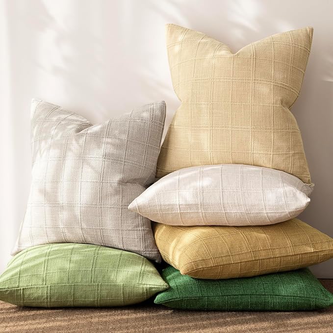 Foindtower Set of 2 Decorative Linen Check Throw Pillow Covers Neutral Farmhouse Vintage Cushion Covers Modern Coastal Boho Home Decor for Sofa Chair Couch Bedroom Living Room,18×18 Inch,Light Grey