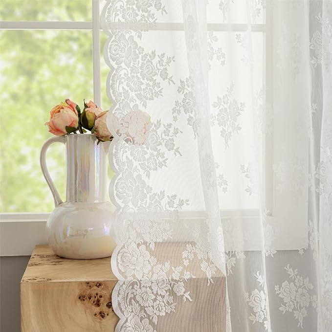 Kotile Ivory Lace Curtains 94 Inches Long, W52 x L94 Inch, 2 Panels, Country Rustic Floral Vintage Lace Curtains for Living Room Rod Pocket Privacy Light Filtering Cottagecore Sheer Window Curtain