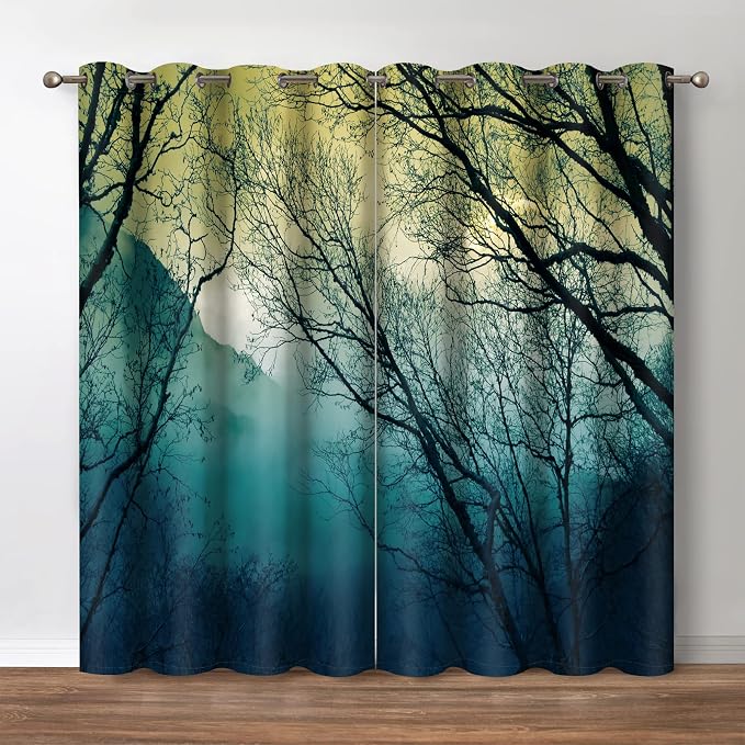 Jekeno Forest Blackout Curtains - Foggy Misty Mountains Woodsy Tree Woodland Shrub Jungle Nature Scenery Grommet Drapes Decor Bedroom Living Room Darkening Window Treatments 2 Panels Set, 52" x 84"