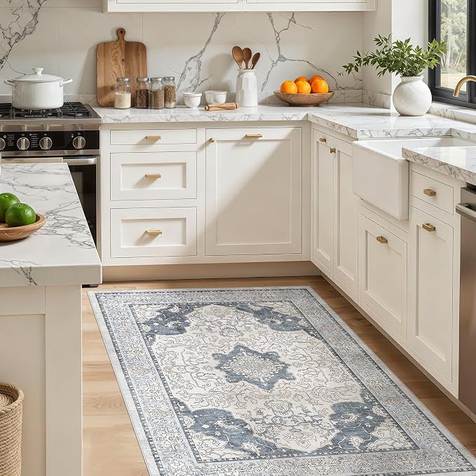 cotiled 4x6 Area Rug Machine Washable Vintage Carpet for Living Room Bedroom Soft Non-Slip Backing Floor Mat Kid & Pet Friendly Stain Resistant Light Blue