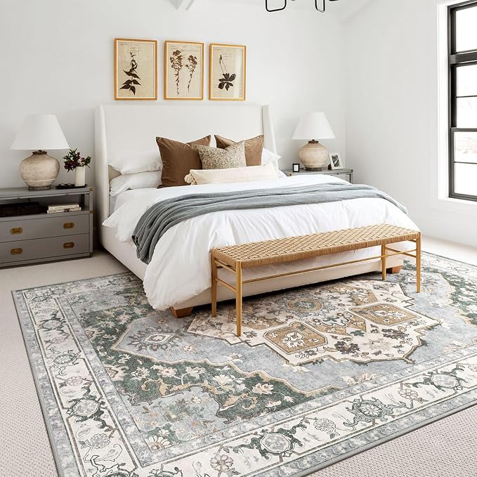 6x9 Washable Area Rug: Vintage Neutral Soft Non Slip Thin Large Floor Carpet for Living Room Bedroom Kitchen Dining Room Home Office Farmhouse Indoor - Green