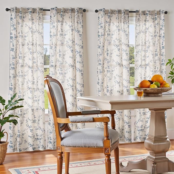 jinchan Blue Floral Linen Curtains 84 Inch Country Drapes Back Tab 2 Panels | Blue on beige, light filtering, semi sheer, farmhouse, rustic, privacy, bedroom, living room, laundry, window treatment