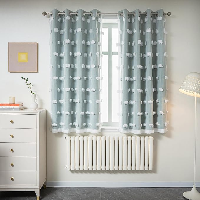 MYSKY HOME Aqua Curtains for Bedroom 54 Inch Long Double Layer Curtains for Kids Room Kithen White Pom Pom Sheer Nursery Curtains Short Grommet Room Darkening Small Window Curtains 2 Panels 52" x 54"
