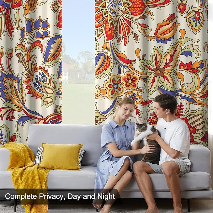 Boho Blackout Curtains for Bedroom and Living Room, Bohemian Floral Black Out Curtains 84 Inch Long, Light Filtering Soundproof Bedroom Curtains 2 Panel Sets, Room Darkening Curtains with Tiebacks
