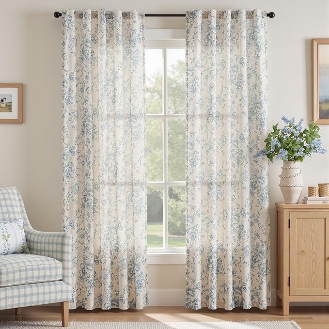 jinchan Linen Blend Curtain Floral Curtains for Living Room 84 Inch Length Blue Printed Curtain Rod Pocket Back Tab Farmhouse Peony Flower Patterned Drapes Bedroom Window Curtains Set 2 Panels