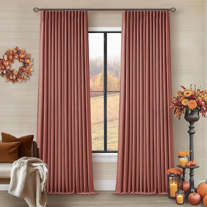 Terracotta Pleated Linen Blackout Curtains 102 Inches Long for Bedroom Living Room Pinch Pleat Black Out Thermal Insulated Ring Hooks Room Darkening Drapes Burnt Orange Curtains with Liner 40x102