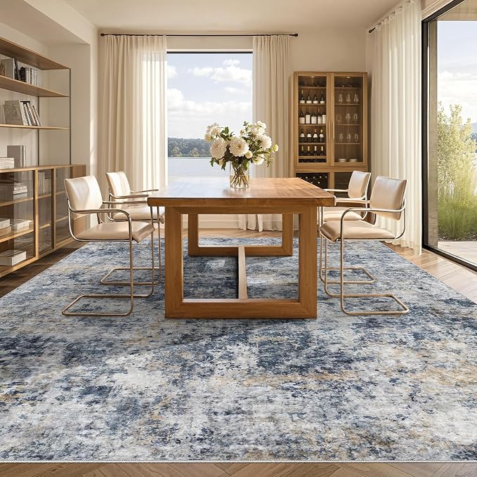 Tortania Washable 8x10 Area Rug for Living Room: Modern Abstract Neutral Large Soft Thin Rugs - Non Slip Indoor Carpet for Bedroom Dining Room Office Nursery Home Floor Decoration - Blue Grey