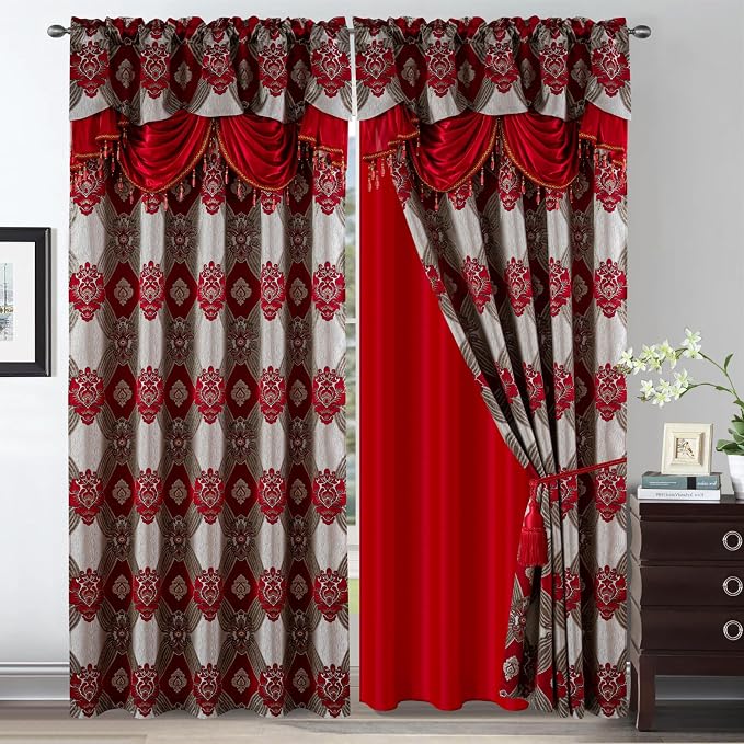 Petrichor Elegant Curtains with Gold Silver Threads 2 Panels Set - Luxury Window Treatment Attached Valance, Sheer Backing, and 2 Tie Backs for Bedroom and Living Room, 54x95 inches, Red
