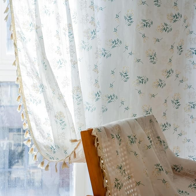 OYX Boho Curtains 96 Inch Length 2 Panels for Living Room, Bedroom Light Filtering Drapes, Farmhouse Vintage Country French Rustic Tassels Pattern Rod Pocket Aesthetic Decor Window Treatments
