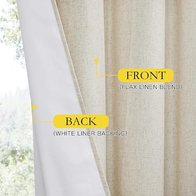 NICETOWN Natural 100% Blackout Linen Curtains 84 inch Long Burg for Living Room, 2 Panels, 52" Wide, Farmhouse Thick Completely Blackout Window Treatment Thermal Insulated Warm Drapes for Winter