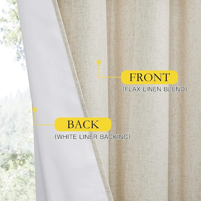 NICETOWN Natural Linen Complete Blackout Cold Reducing Curtains 48 inches for Kids Room, 2 Panels, Thermal Insulated & Noise Reducing Window Draperies with White Liner, Noise Reducing Short Drapes