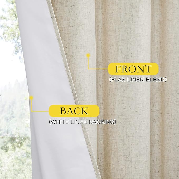 NICETOWN Farmhouse Style 100% Blackout Natural Linen Curtains 90 inches Length, 2 Panels, 42" W, Room Cooling Window Draperies with Thermal Insulated Liners for Dining Room
