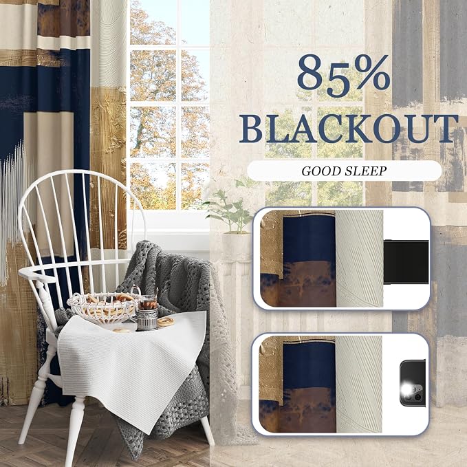 Boho Navy Blue Gold Abstract Blackout Curtains, Modern Oil Aesthetic Neutral Contemporary Beige Darkening Thermal Insulated Grommet Light Blocking Drape Decor, 52 x 84 Inch Long 2 Panels