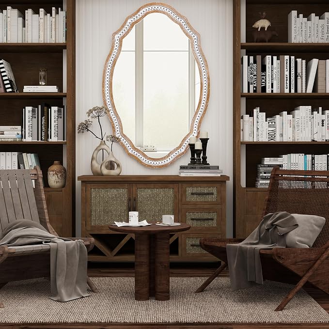 36x24 Inch Rustic Farmhouse Oval Mirror, Wooden Decorative Wall Mirrors | Hang Vertical or Horizontal, the Grain Look Adds Farmhouse Charm Above Bathroom Sink, Entryway, Living Room, Hallway