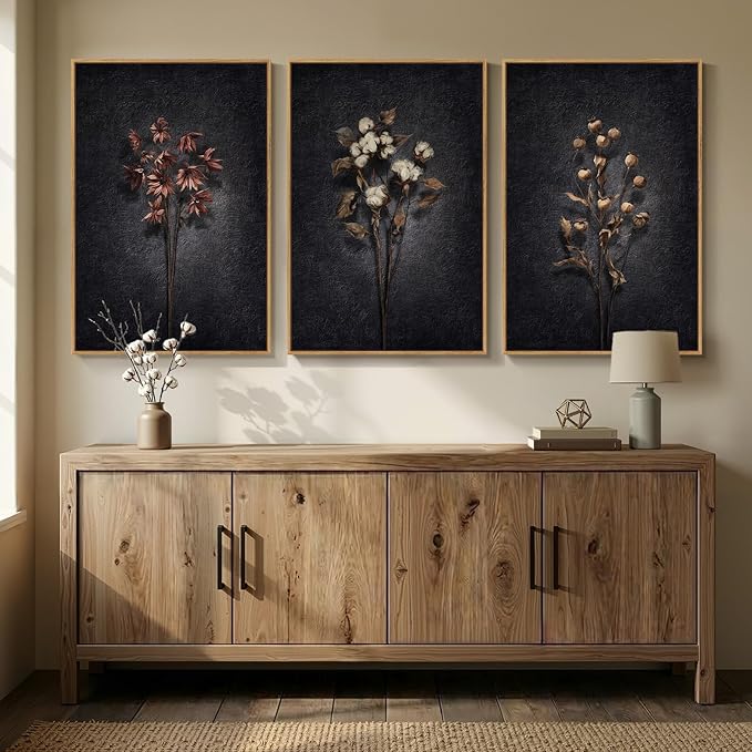 3 Piece Framed Moody Floral Wall Art for Dining Room, Large Vintage Botanical Canvas Artwork for Walls, Dark Black Retro Flower Picture Prints Paintings for Living Room Kitchen Decor, 24x36 Inch
