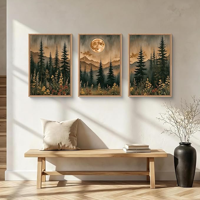 HOURIA Vintage Boho Nature Moonlight Forest Mountain Framed Canvas Wall Art Set,Wilderness Dark Moon Woodland Floral Decor,Retro Wildflower Field Landscape Artwork for Living Room,Farmhouse-16 x24 x3