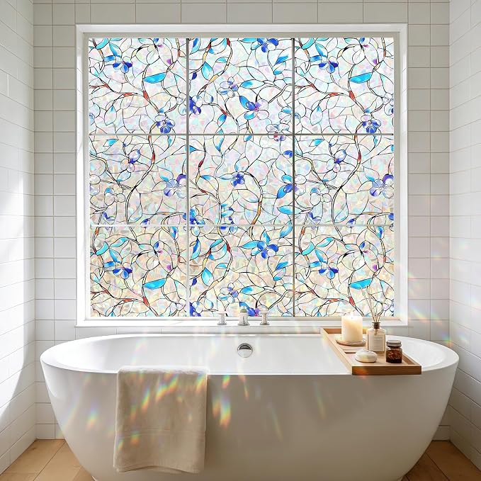 NINETREX Window Privacy Film, Rainbow Stained Glass Window Film, Static Cling Heat Control UV Blocking, Decorative for Home, Bathroom, Glass Door and Car, Renter-Friendly, Blue 17.5 x 78.7 inches