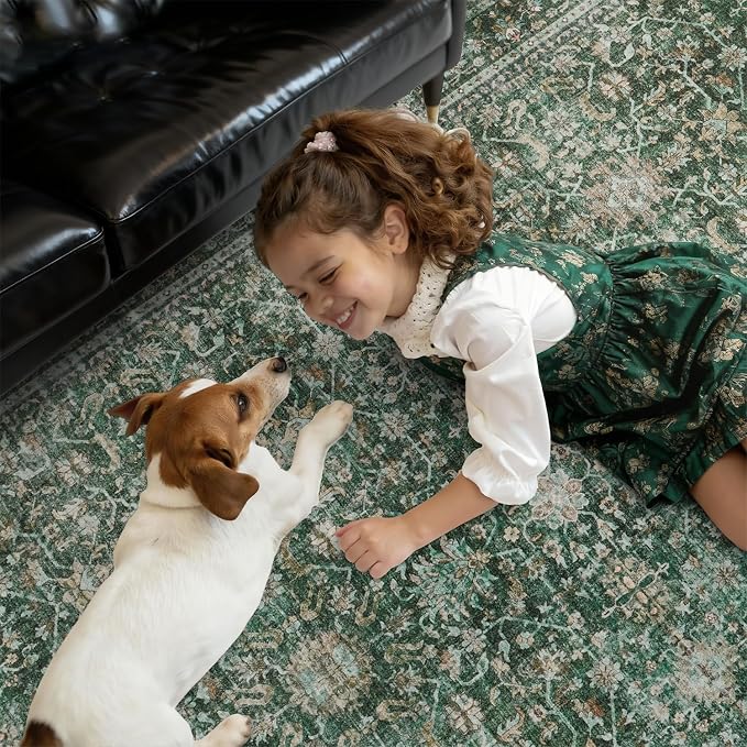 DCX Green 8x10 Rug, Kid & Pet Friendly with Rubber Back Non Slip, Machine Washable Stain Resistant Vintage Traditional Distressed Carpet, Rug for Living Room, Bedroom, Neutral Home Decor