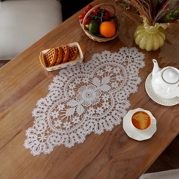 Clear Table Protector Cover Vinyl Rectangle PVC Tablecloth with Printed Crocheted Lace Waterproof Oil Proof Wipeable Plastic Tablecloths for Home Kitchen Dining Table (Lace, 55 x 120 Inches)