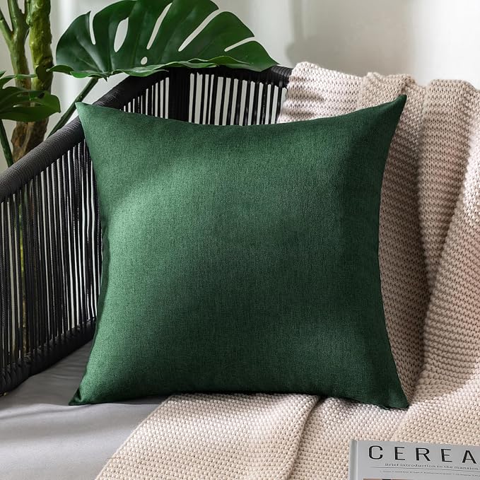 MIULEE Pack of 2 Decorative Outdoor Solid Waterproof Throw Pillow Covers Faux Linen Garden Farmhouse Cushion Cases for Patio Tent Balcony Couch Sofa 20x20 Inch Emerald Green