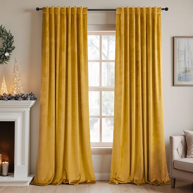 Gold Velvet Curtains 96 Inch Long 2 Panel for Living Room Dining Area Soft Luxury Home Decor Thermal Insulated Dark Out Drape Privacy Darkening Curtain for Bedroom Vintage Wall Backdrop Golden Pumpkin