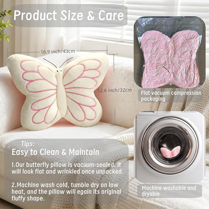 FALAX White Butterfly Shaped Pillow 16.9" Plush Decorative Throw Pillows | Soft Hugging Pillows, Comfort Seat Cushions, Aesthetics Room Decor, Cute Decorative Throw Pillows for Bedroom Couch Bed Dorm