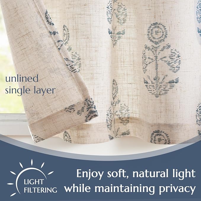 jinchan Linen Kitchen Curtains 24 Inch Floral Tier Curtains Farmhouse Cottage Core Flax Cafe Rod Pocket Country Small Window Drapes for Laundry Room Bathroom RV 2 Panels Blue on Beige