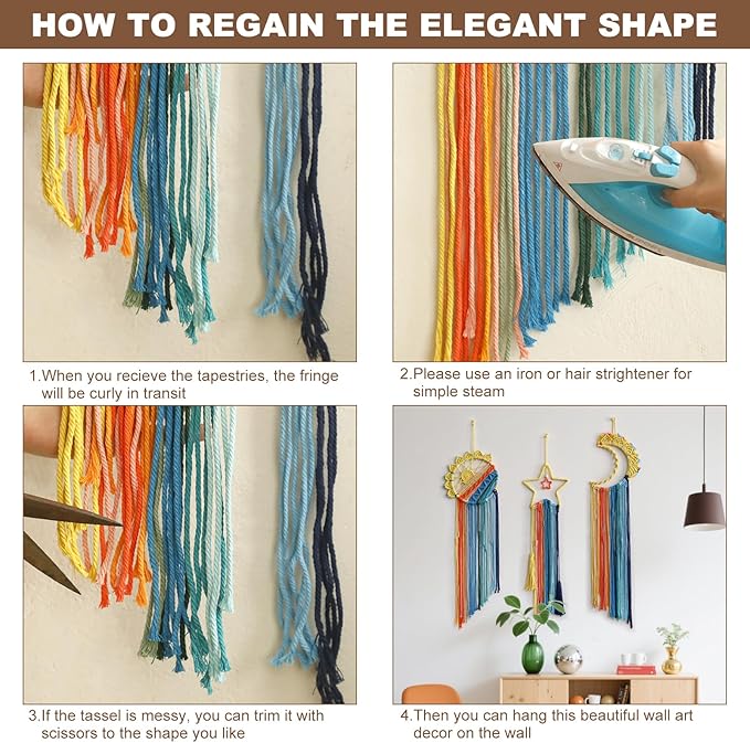 3 Pack Macrame Hanging Tapestry Wall Art Set Boho Woven Tapestries Sun Moon Star Large Dream Catcher Coloful Wall Decor Bedroom Aesthetic Living Room Decor (Orange Blue Mix)
