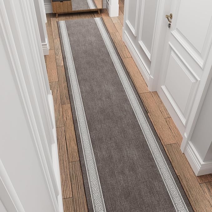 Ottomanson Hallway Runner Rug 2'7" x 12' – Soft Non-Slip Rug, Low Pile Carpet for Entryway, Kitchen & Long Hallways in Apartments and Homes, Greek Border Brown