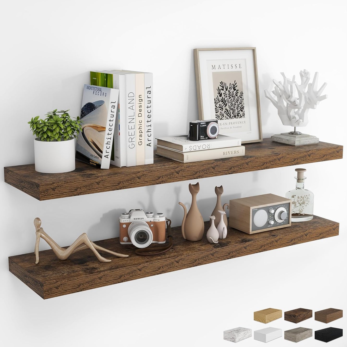 RICHFOCUS 48Inch Floating Shelves for Wall 2 Pack Shelves for Bedroom|Kitchen|Bathroom Wall Mounted Rustic Wood Floating Shelf with Invisible Brackets for Books|Storage|Decor, Rustic Brown