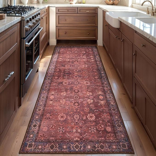 Tangsoo 2x6 Washable Runner Rug for Hallway, Non Slip Boho Vintage Floral Rug Runner for Kitchen Entryway,Distressed Rust Red Floor Carpet Soft Low Pile Indoor Mat for Bedroom Bathroom Laundry Dinning
