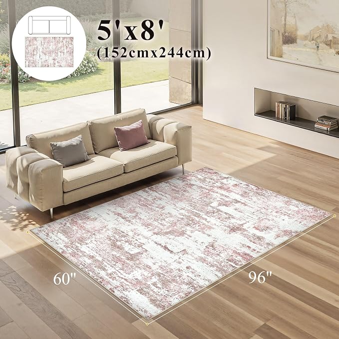 Area Rugs 5x8 Living Room: Washable Large Abstract Modern Neutral Soft Rug Stain Resistant Non-Slip Backing Carpet for Bedroom Dining Room Indoor Nursery Dorm Home Office Decor - Pink