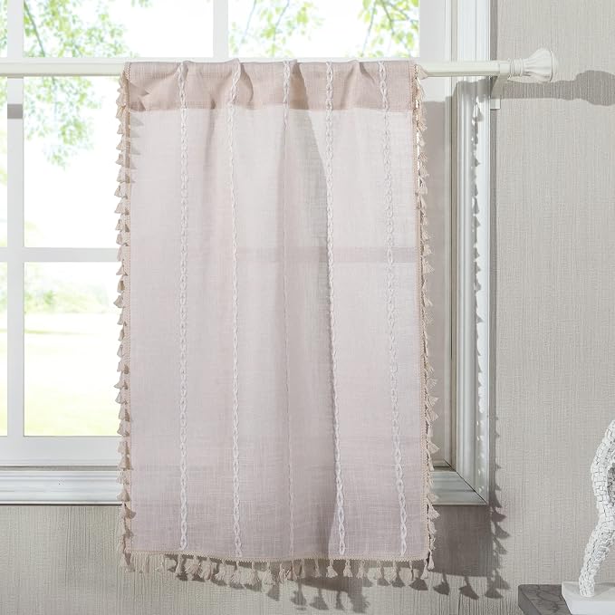 RoomTalks Boho Kitchen Curtains 36 Inch Length French Striped Farmhouse Vintage Chic Textured Tassel Short Cafe Curtains for Small Window Kitchen Bathroom Bohemian Decor (36’’L x 24’’W, Beige)