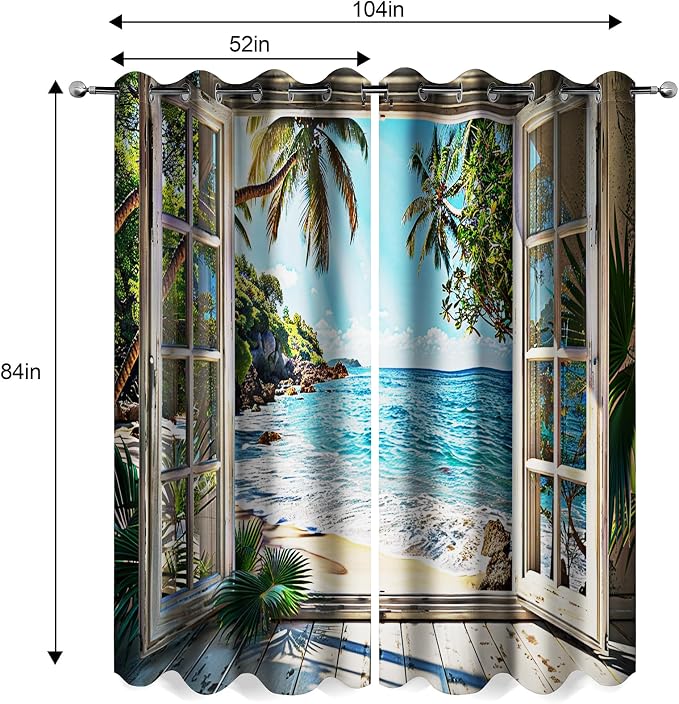 Ocean Beach Seaside Blackout Curtains Coast Palm Tree Sunshine Mountain Curtain Blue Sky White Clouds Summer Decor Women Men Girls Boys Bedroom Room Darkening Grommet Window Drapes 2 Panels, 52"x84"