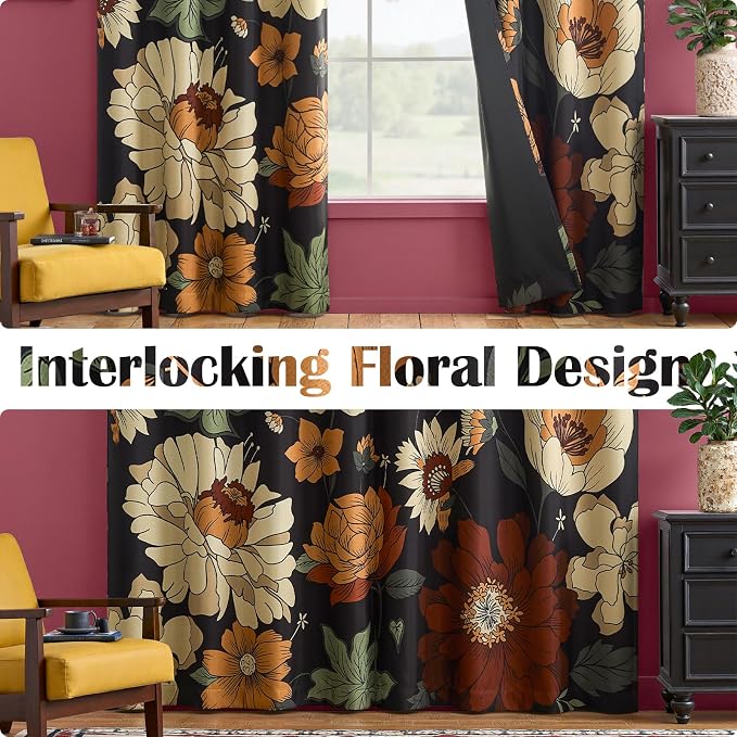 jinchan Lora Floral Curtains for Bedroom Blackout Drapes for Living Room Darkening Fabric Vintage Black Boho Flower Pattern Fall Decor Window Curtains 96 Inches Length 2 Panels with Grommet