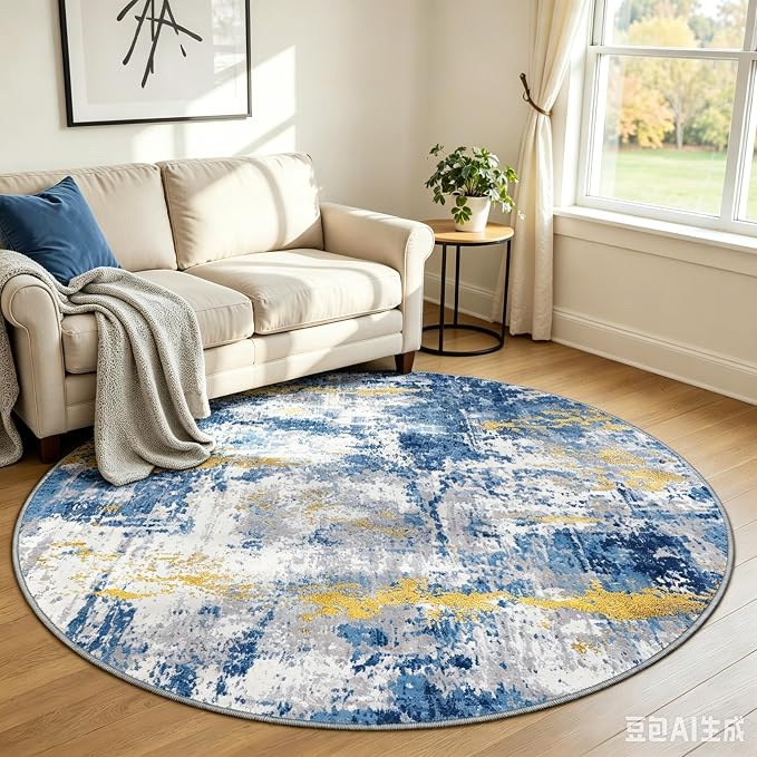 RELEANY Washable Area Rugs 6ft Non-Slip Modern Abstract Soft for Living Room Entryway Bedroom Kitchen, Print Pattern, Grey Blue Gold/Golden