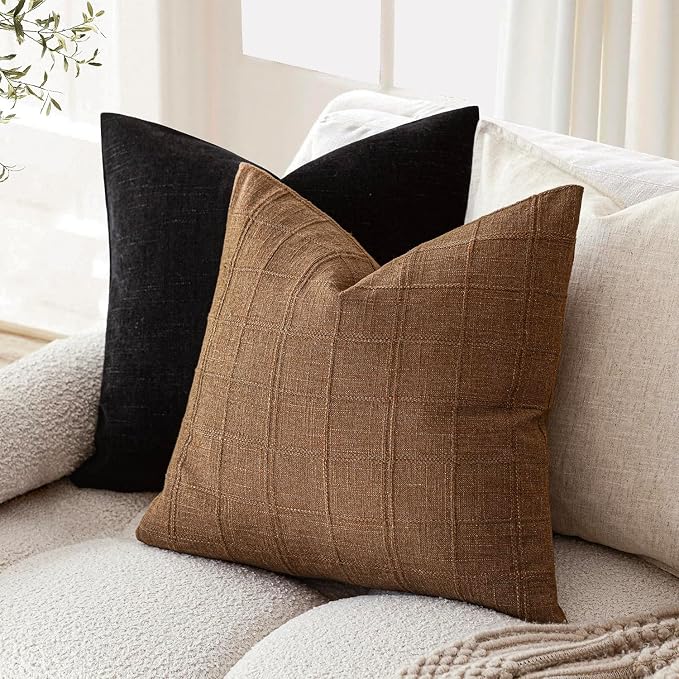 Foindtower Set of 2 Decorative Linen Check Throw Pillow Covers Neutral Farmhouse Vintage Cushion Covers Modern Boho Home Decor for Sofa Chair Couch Bedroom Living Room,24×24 Inch,Brown Hazel
