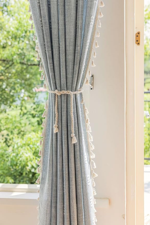 Boho Curtains for Bedroom Embroidery Striped Farmhouse Linen Curtains 63 Inch Length 2 Panels for Living Room Blue Bohemian Semi-Blackout Window Curtains Rod Pocket Drapes ( 52" W x 63" L,Blue)